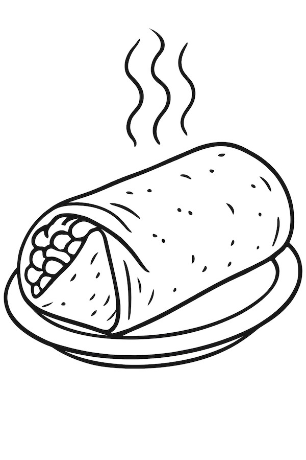 Coloring page of a steaming burrito resting on a small plate, with defined textures and details