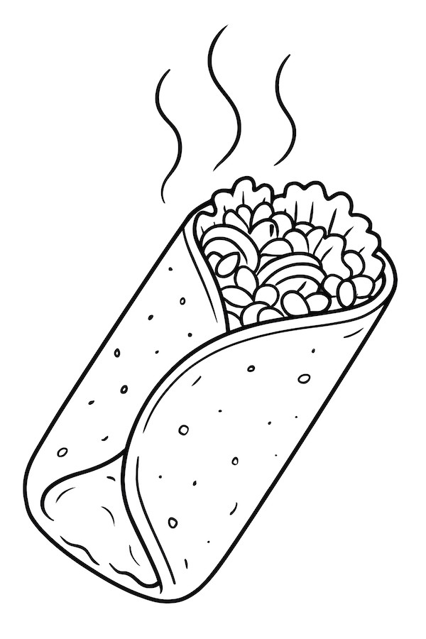Coloring page of a burrito wrapped tightly with steam rising, revealing a textured filling of beans and rice
