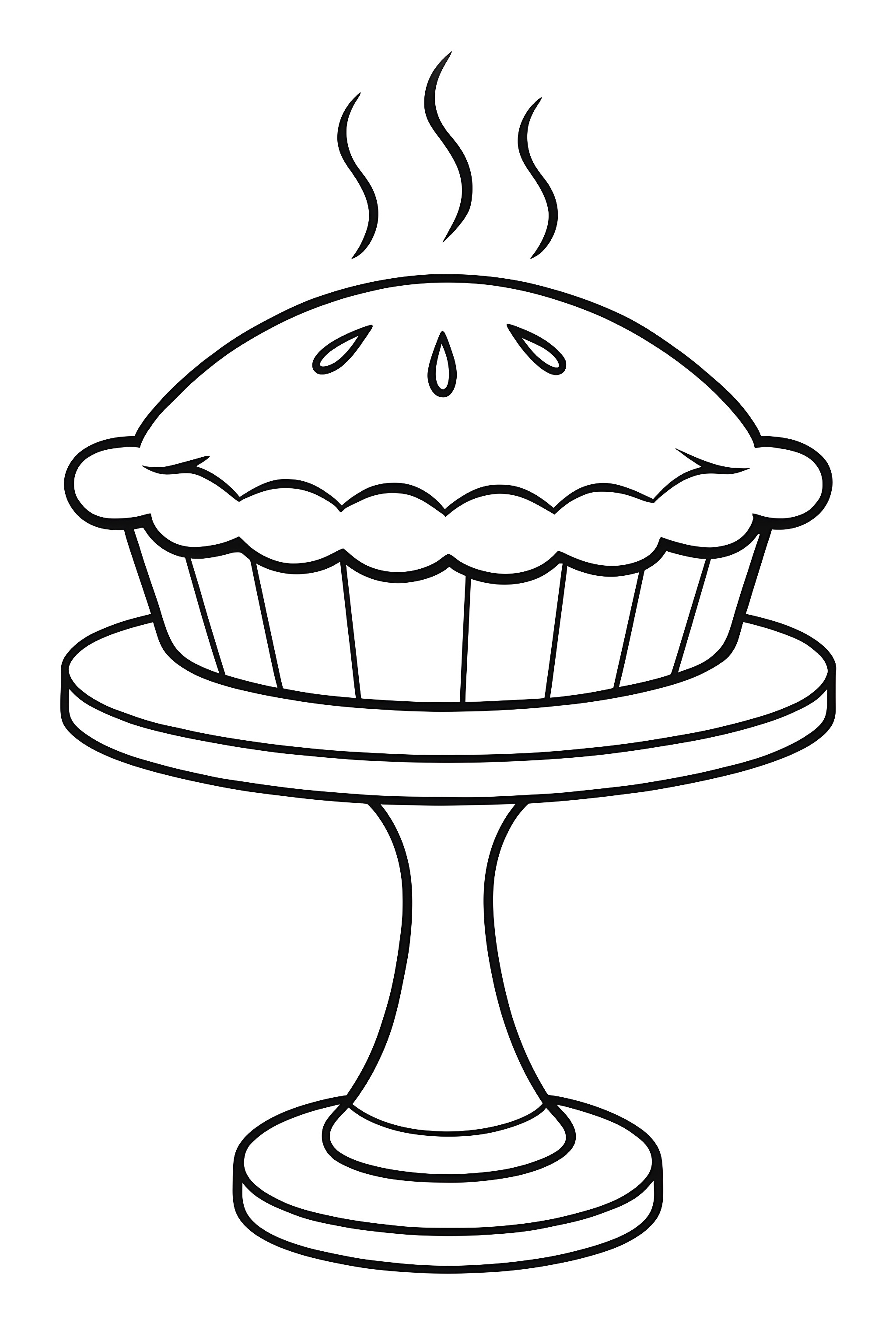 Coloring page featuring a round pie on a decorative cake stand with steam rising from the top