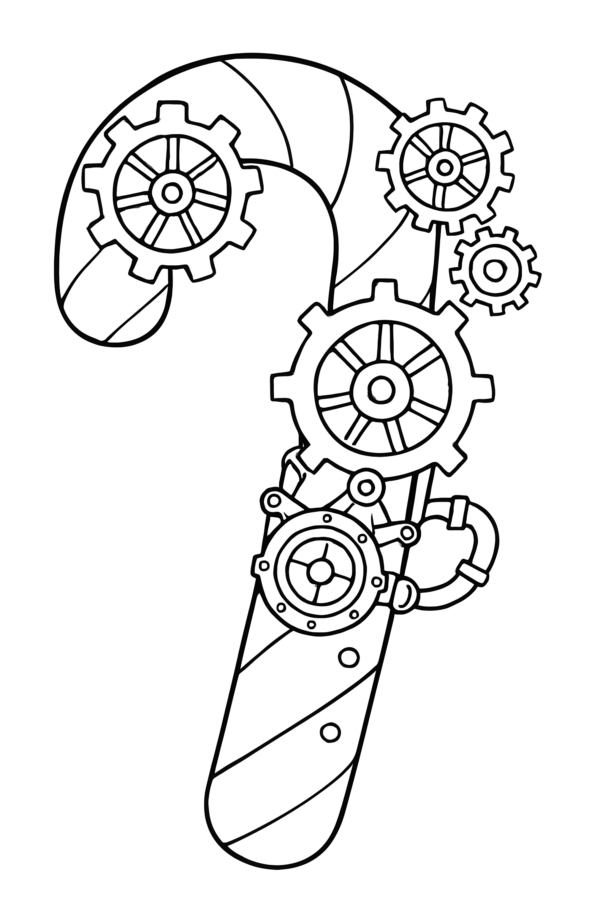 A candy cane designed with steampunk gears and cogs