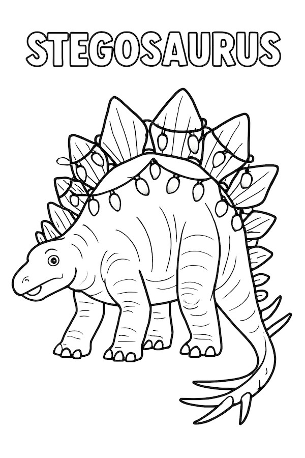 Stegosaurus decorated with colorful Christmas lights draped over its spiked back