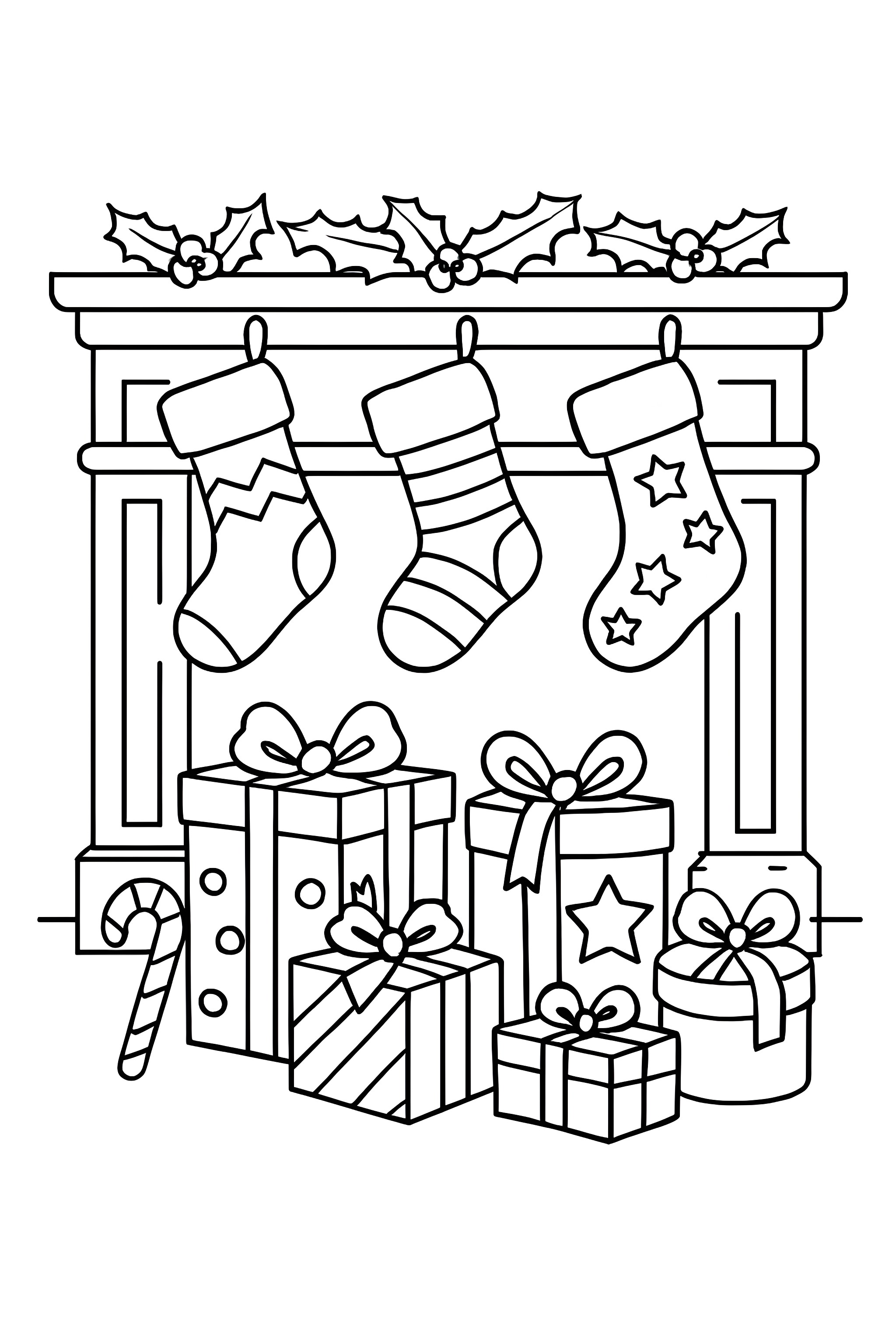 A mantel adorned with Christmas stockings and various wrapped gifts in festive designs