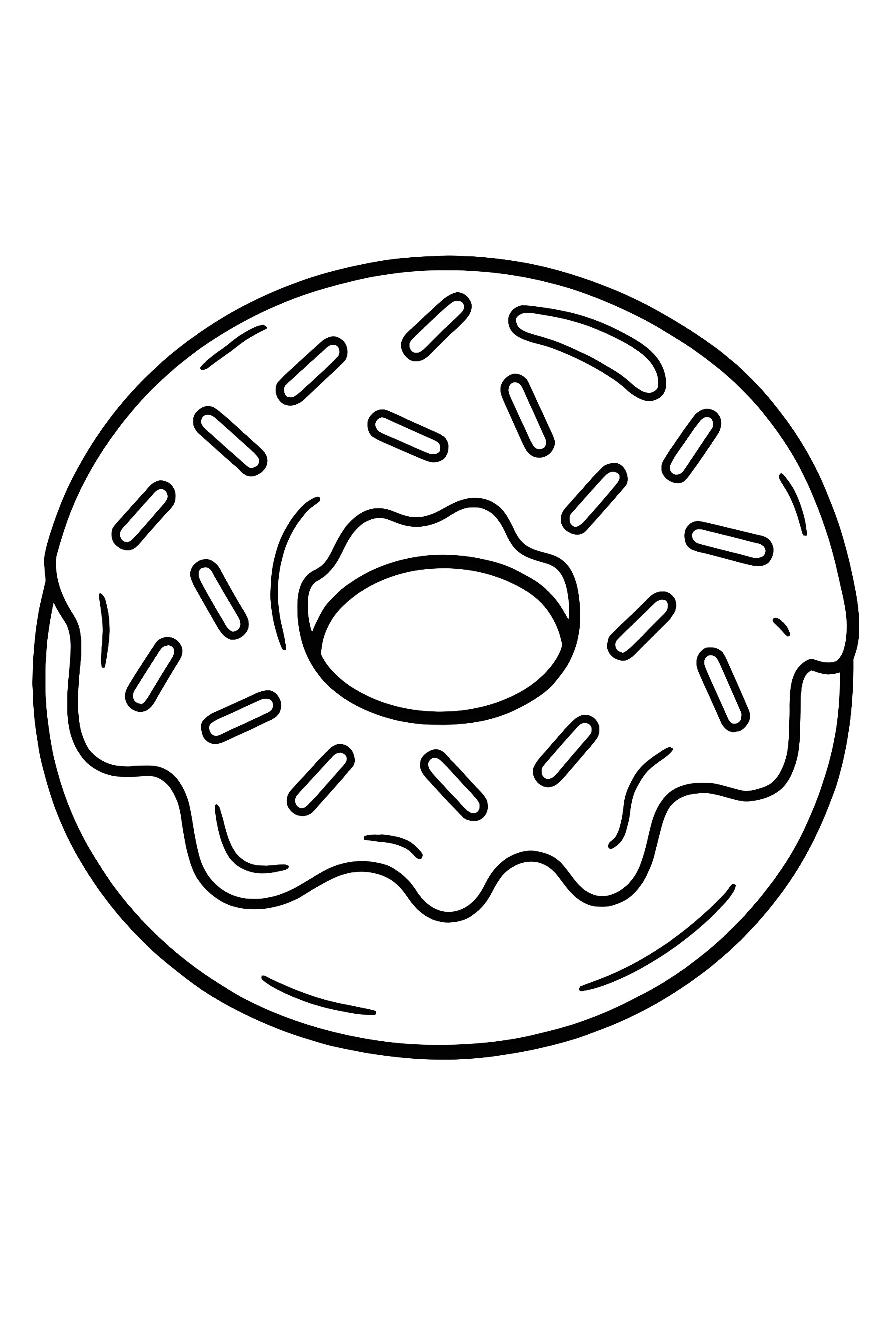 Coloring page featuring a classic donut topped with strawberry frosting and colorful sprinkles