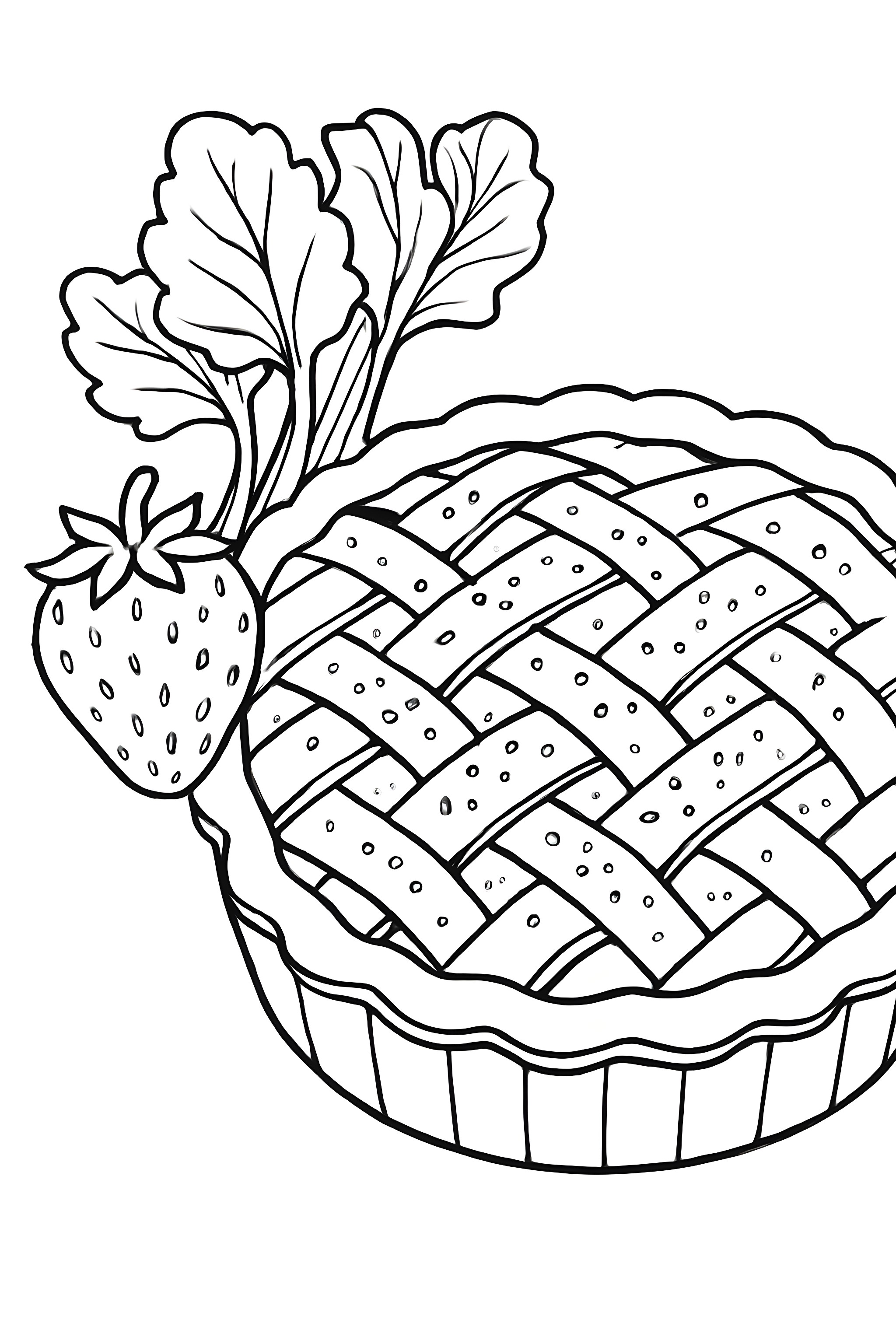 A strawberry rhubarb pie with a woven lattice crust and a strawberry and rhubarb leaves beside it
