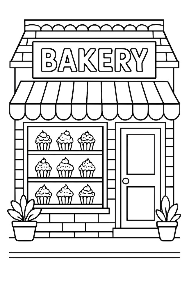 Coloring page of a street bakery featuring cupcakes displayed in the shop window with the word 'BAKERY' above the door