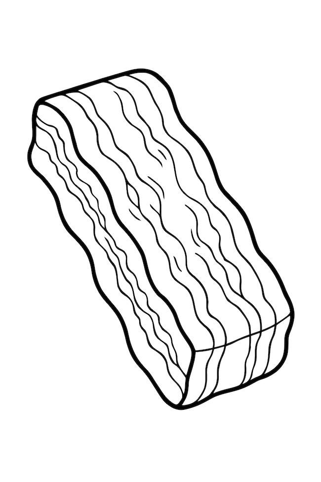 Coloring page of a thick strip of smoked bacon with visible marbling and wavy lines