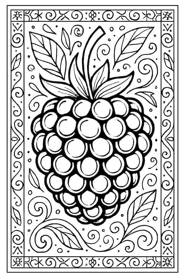 Coloring page featuring a large blackberry adorned with stylized leaves and decorative swirls around it