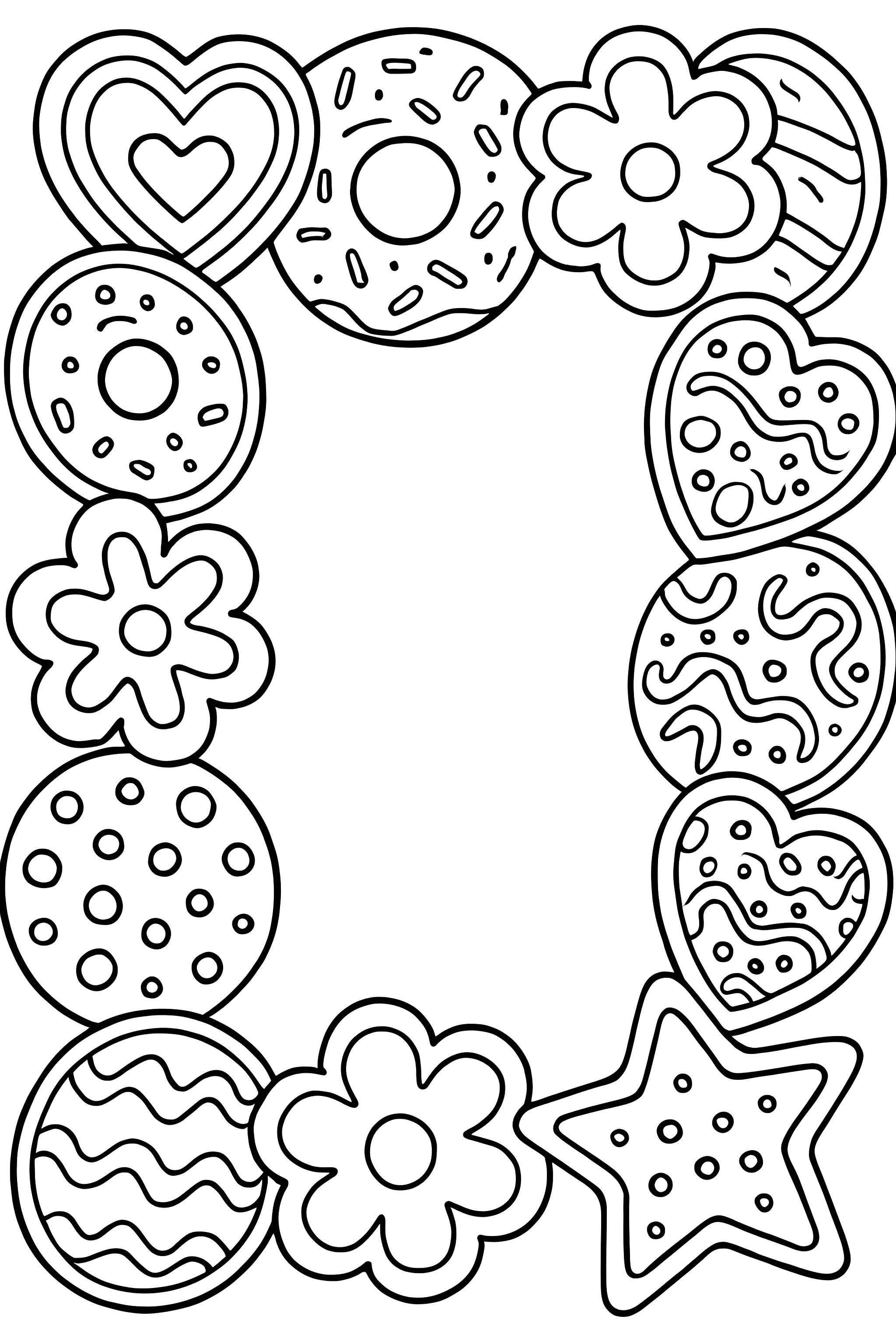 Coloring page featuring a border of stylized cookies, flowers, and hearts with various icing patterns