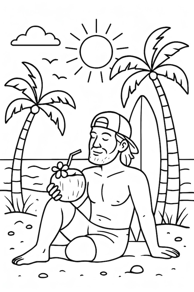 Surfer sitting on the beach holding a coconut drink, surrounded by palm trees and ocean waves
