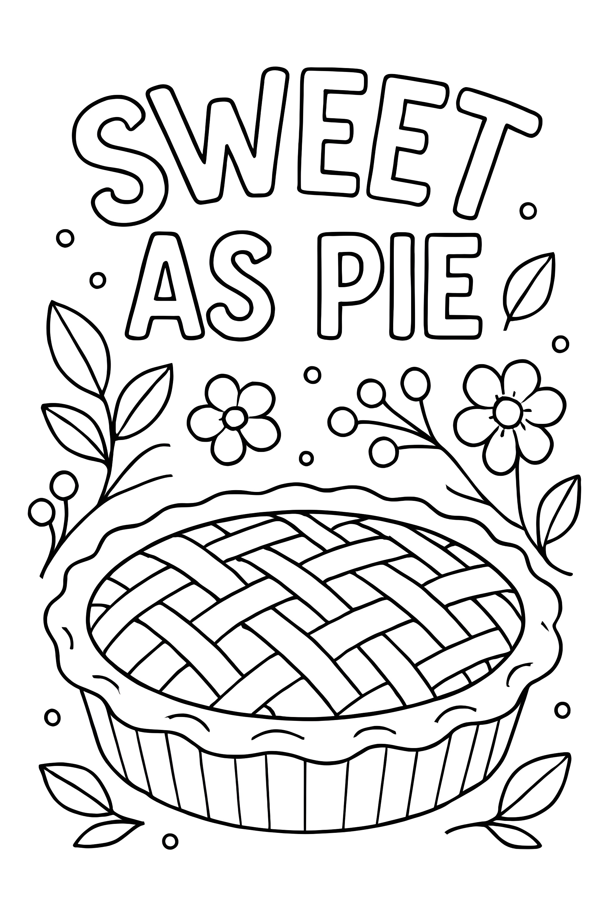 Coloring page featuring a pie with a lattice crust, surrounded by floral designs and the phrase 'Sweet As Pie'