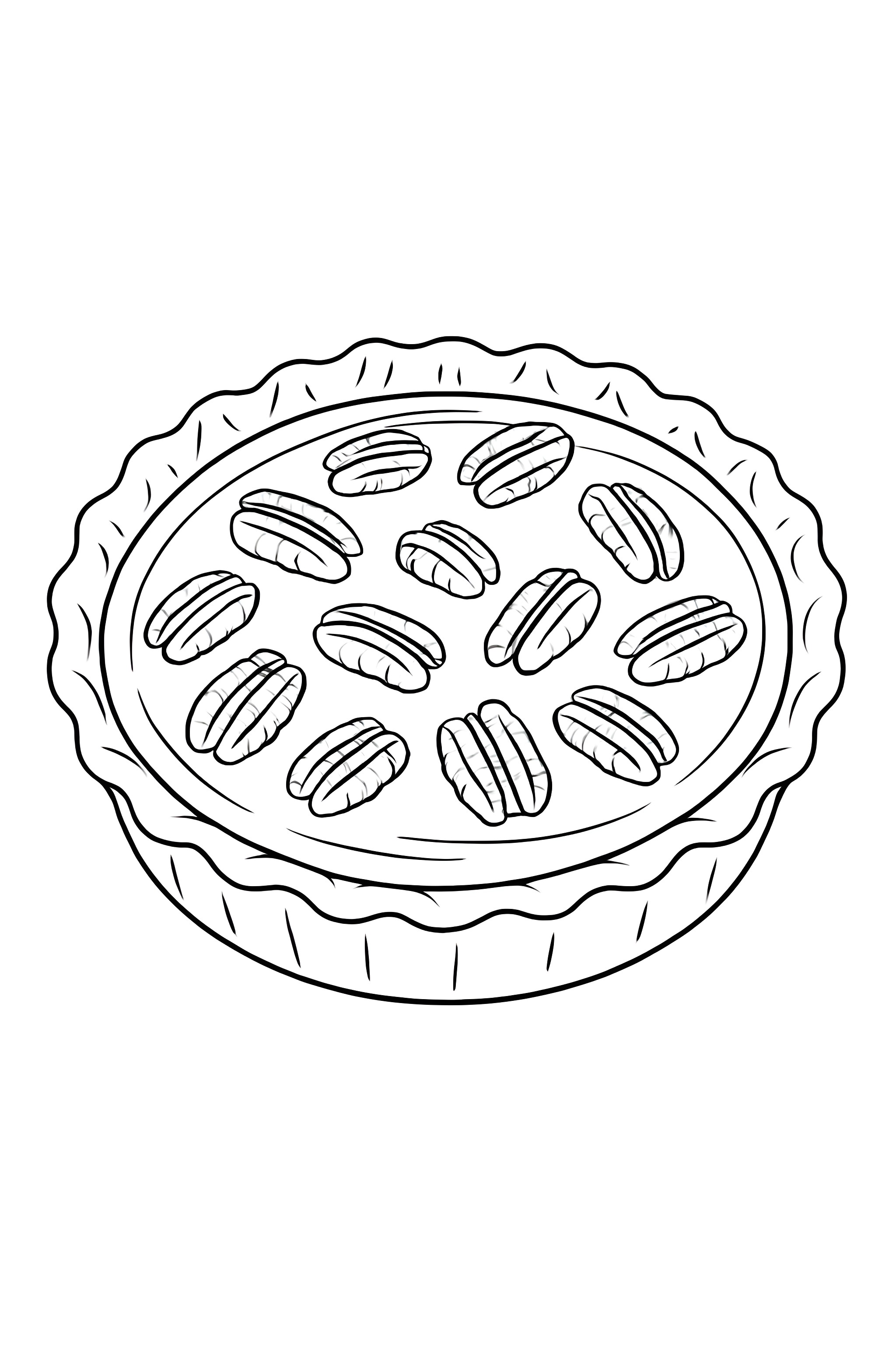 Coloring page of a sweet potato pie topped with pecan halves in a scalloped crust