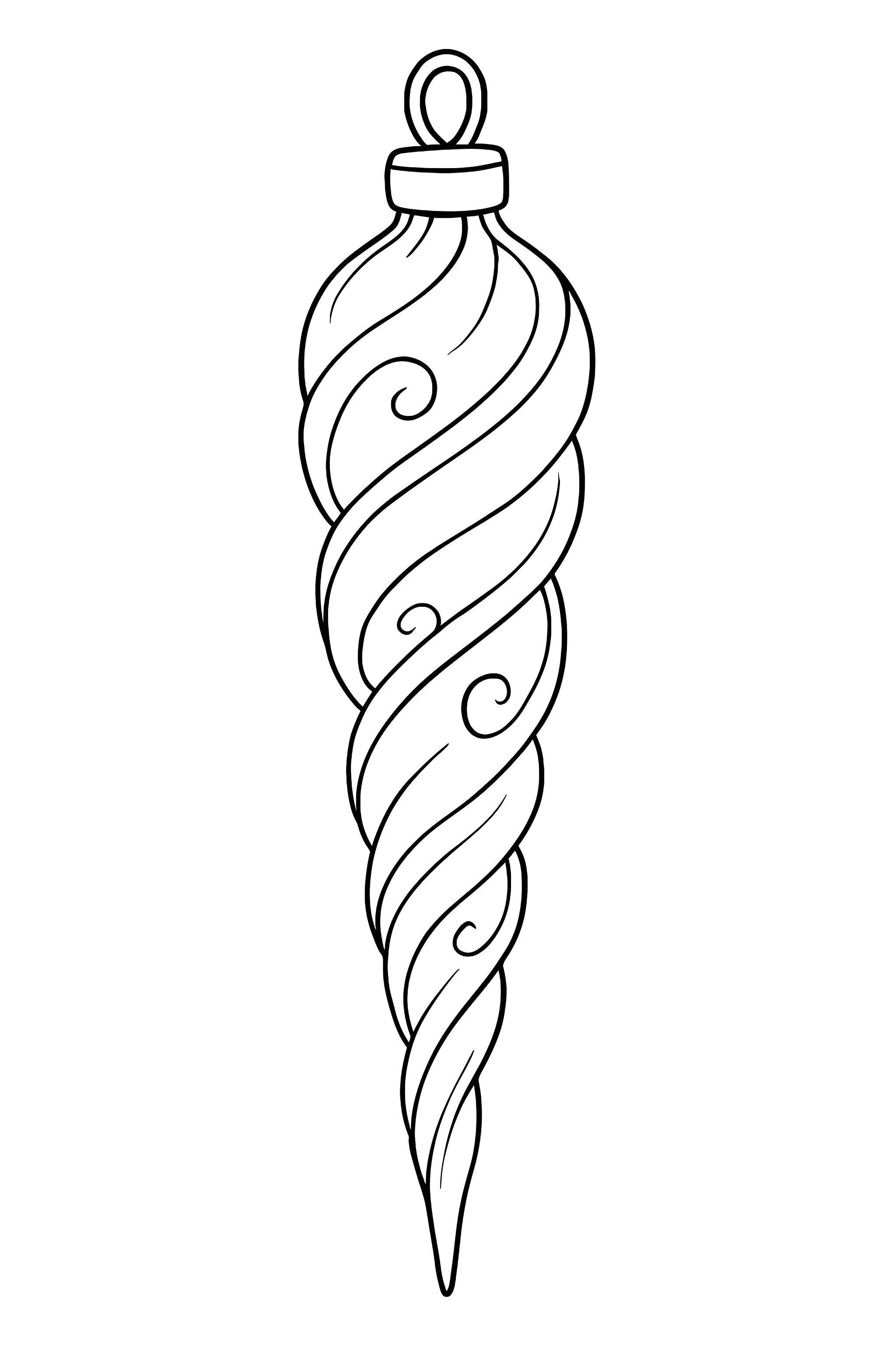 Coloring page of an elegant glass icicle ornament featuring intricate swirling lines and a loop at the top