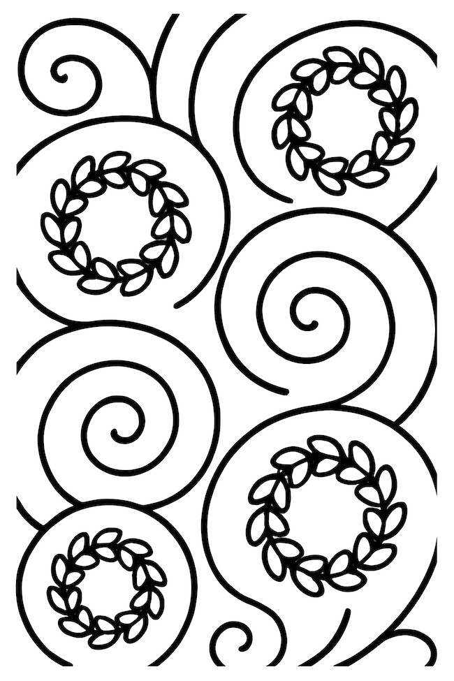 Coloring page of swirled patterns featuring small wreaths with leaves