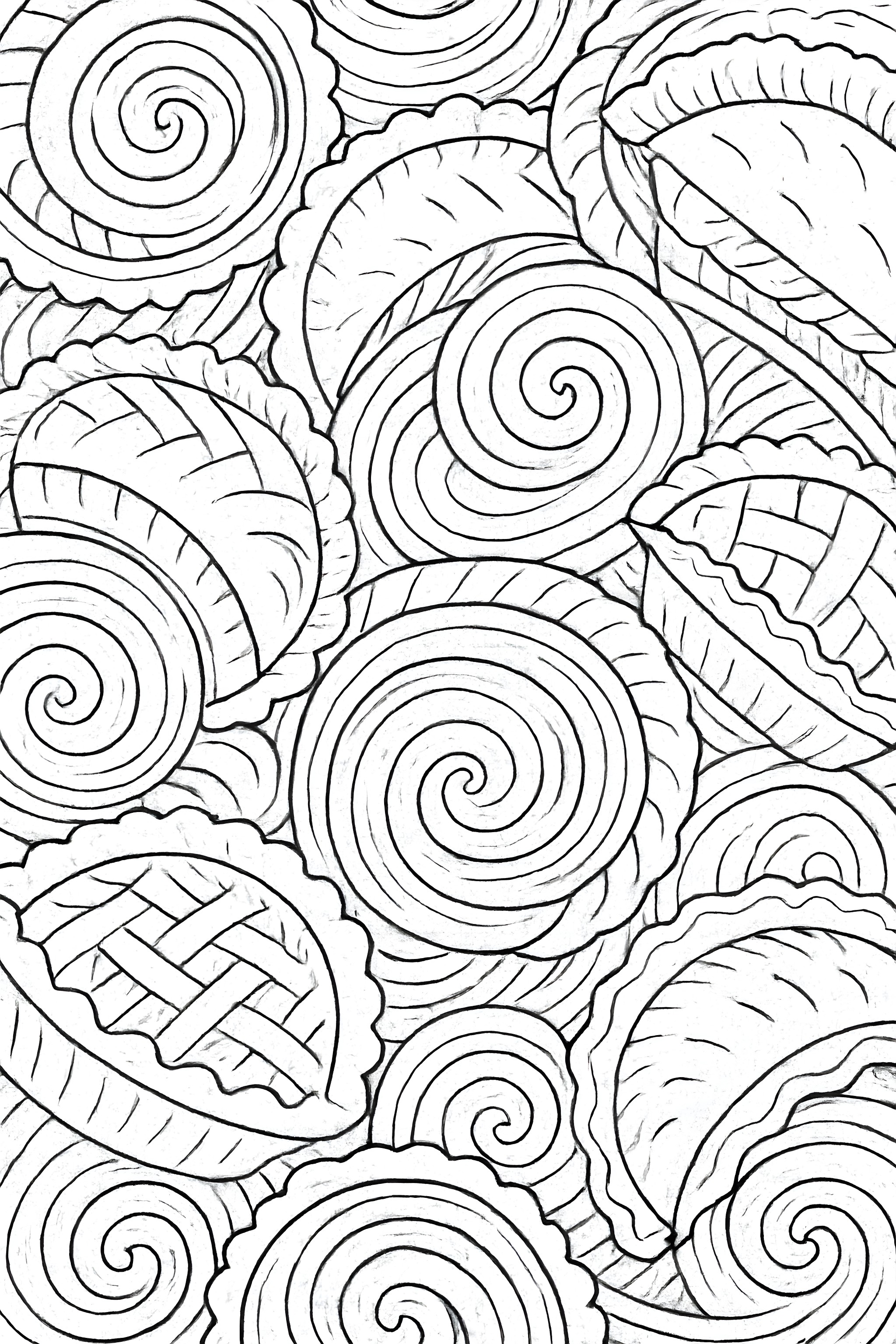 An abstract design of swirling pie fillings and crusts, including various pie shapes with intricate details.