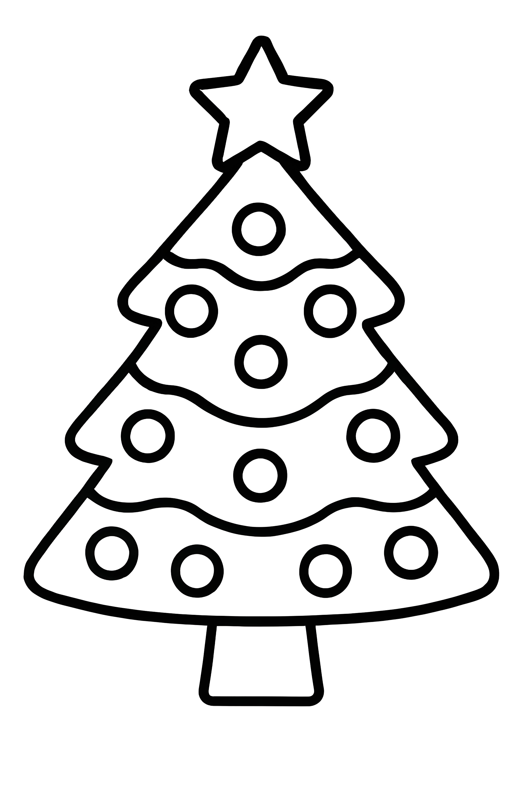 Coloring page of a perfectly symmetrical Christmas tree adorned with matching circular ornaments and a star at the top