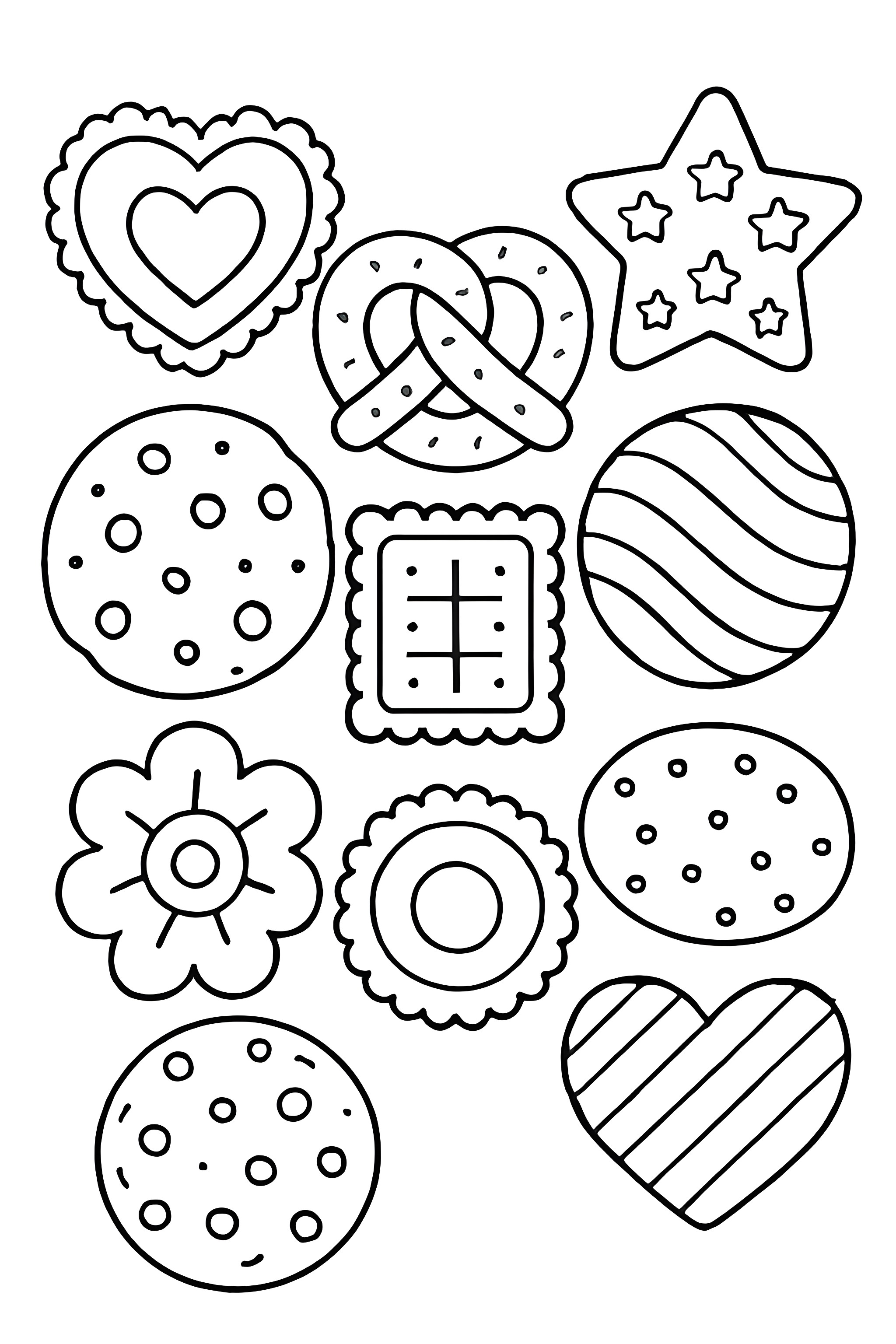 Coloring page featuring a symmetrical layout of various cookie designs, including hearts, stars, flowers, and circles with decorative patterns.