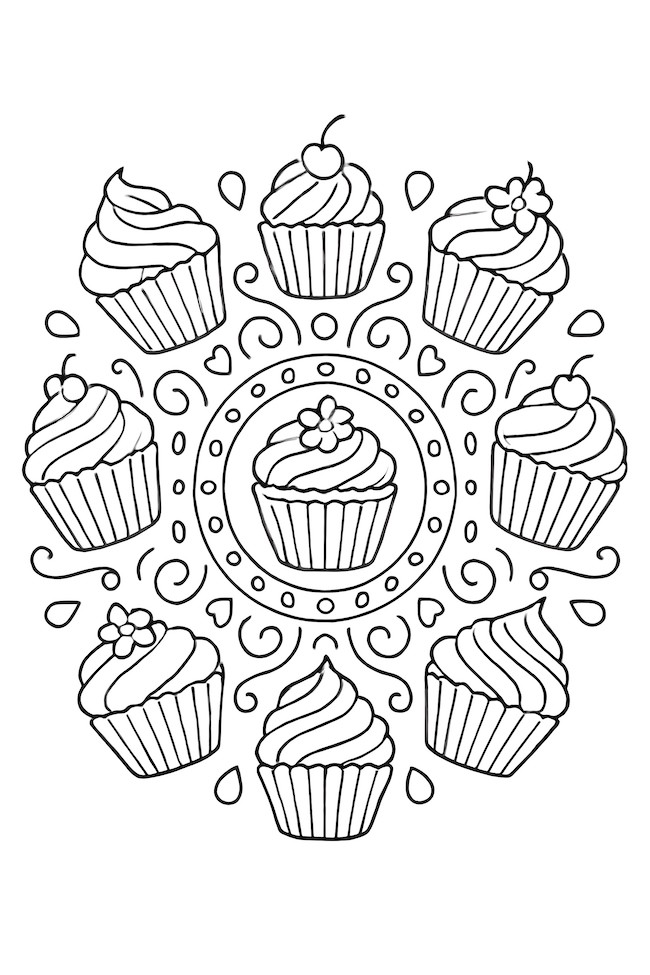 Coloring page featuring a symmetrical mandala layout of cupcakes with various frosting designs and decorative elements