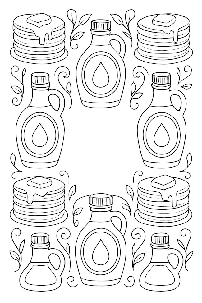 Coloring page of syrup bottles next to stacked pancakes with melted butter and floral border designs