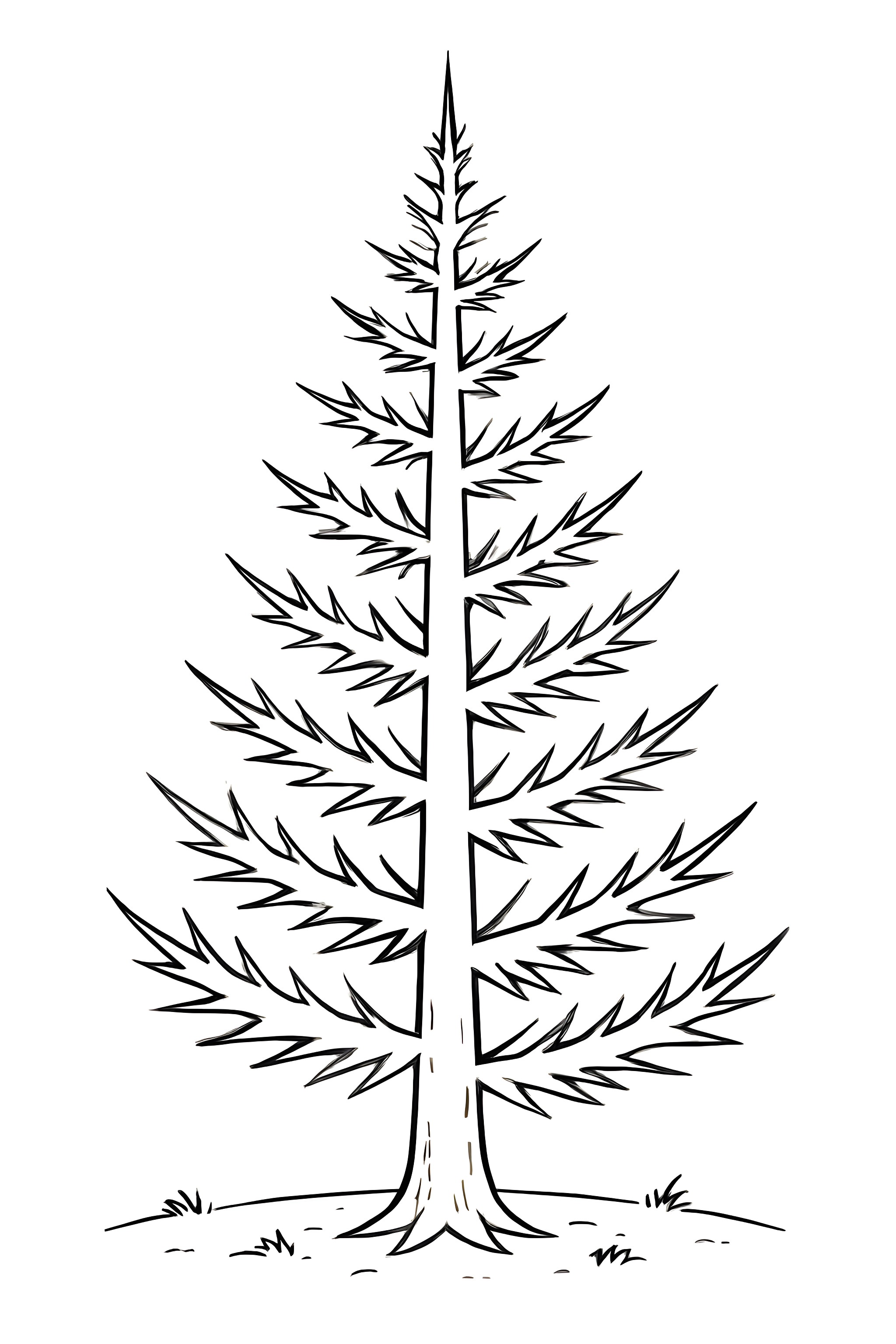 A tall Christmas tree with sharp, spiky branches and a slender trunk, set on a simple grassy base
