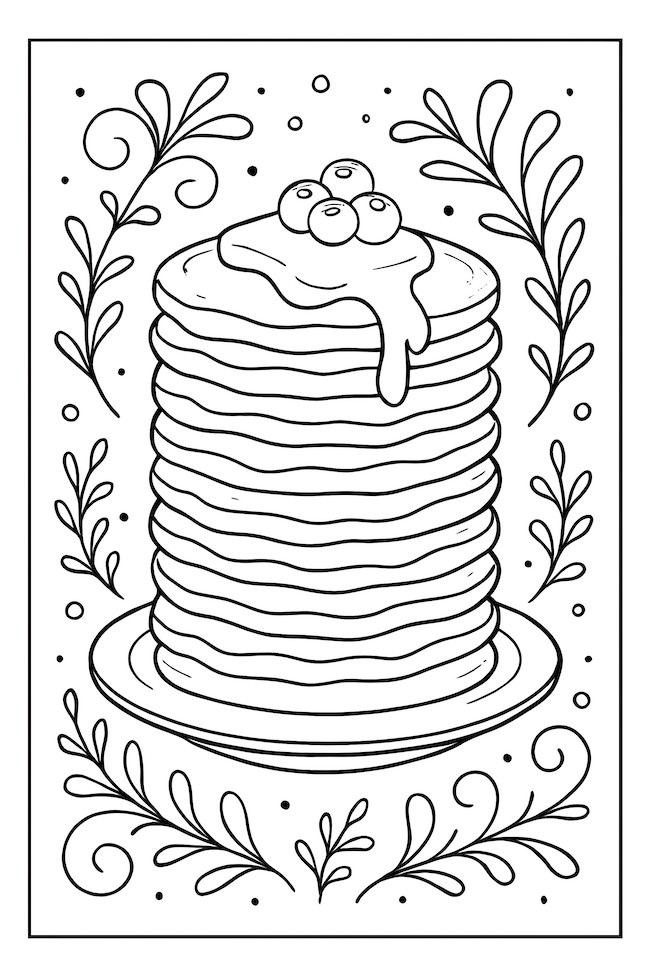 Coloring page of a tall stack of pancakes with syrup and blueberries on a decorative plate surrounded by floral designs