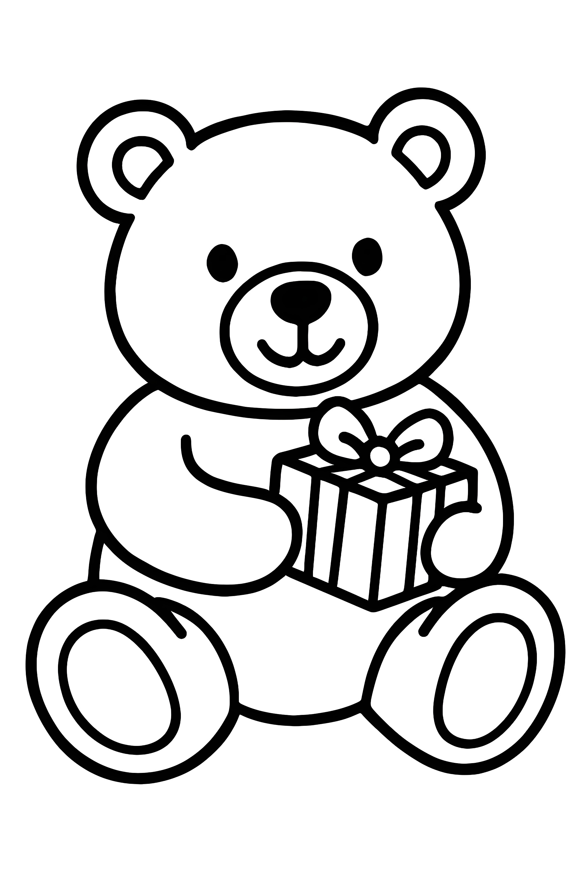 Coloring page of a large teddy bear sitting and holding a small Christmas gift with a bow