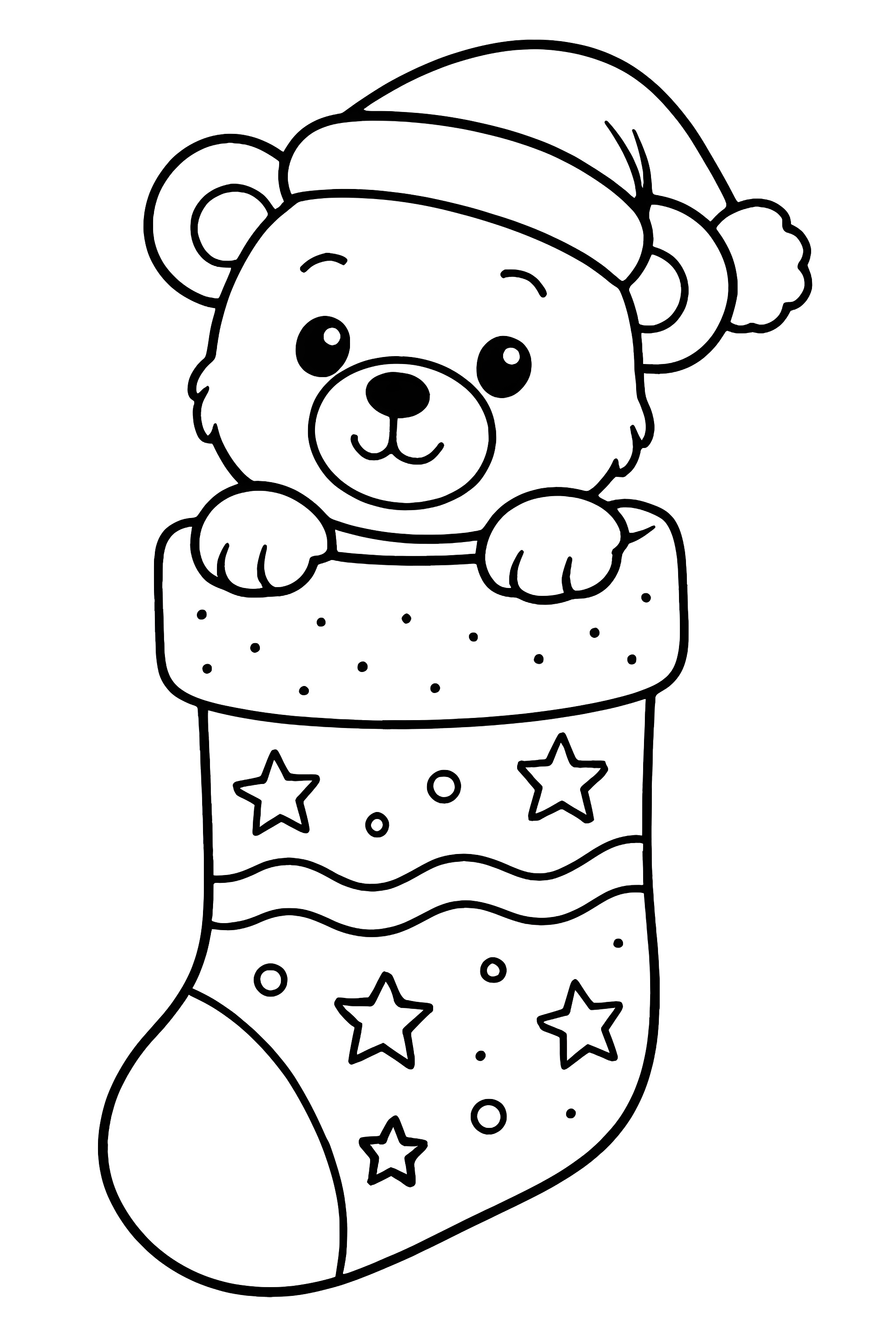 Coloring page featuring a teddy bear wearing a Santa hat, peeking out of a decorated Christmas stocking