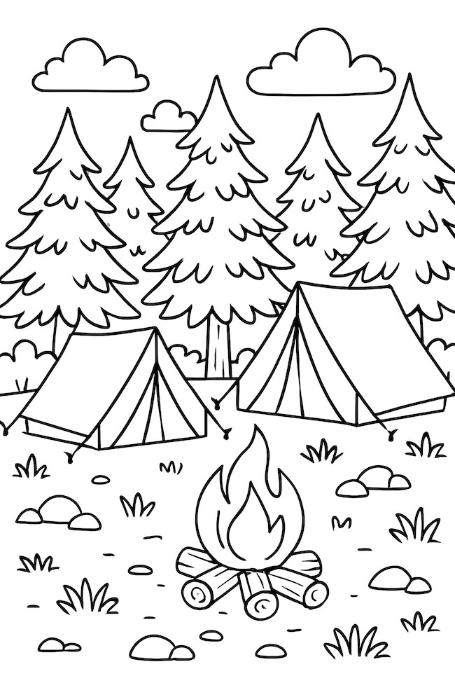 Coloring page of two tents beside a campfire surrounded by trees and clouds