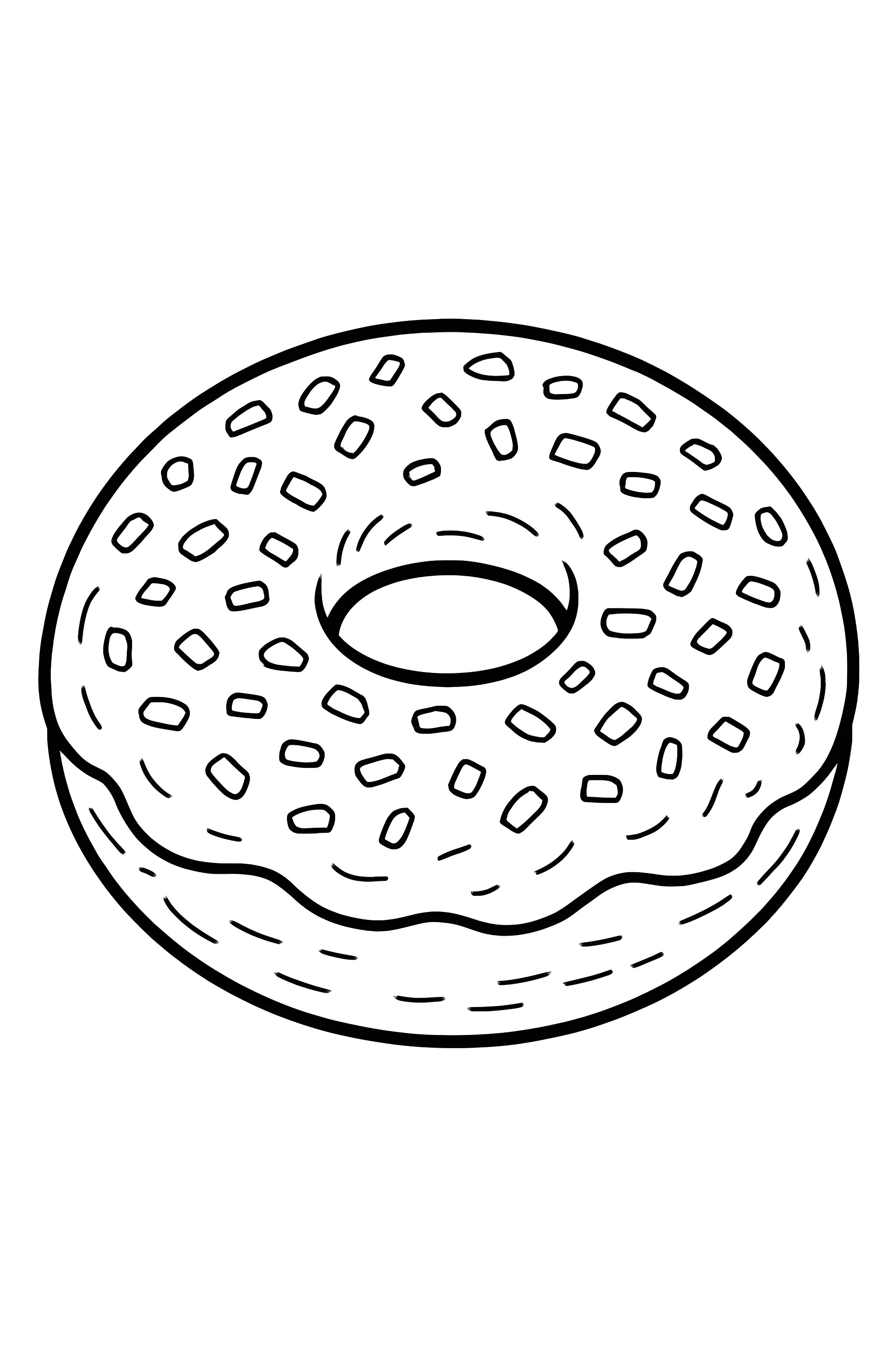 Coloring page of a powdered sugar donut featuring a textured surface and sprinkled with rectangular pieces on top