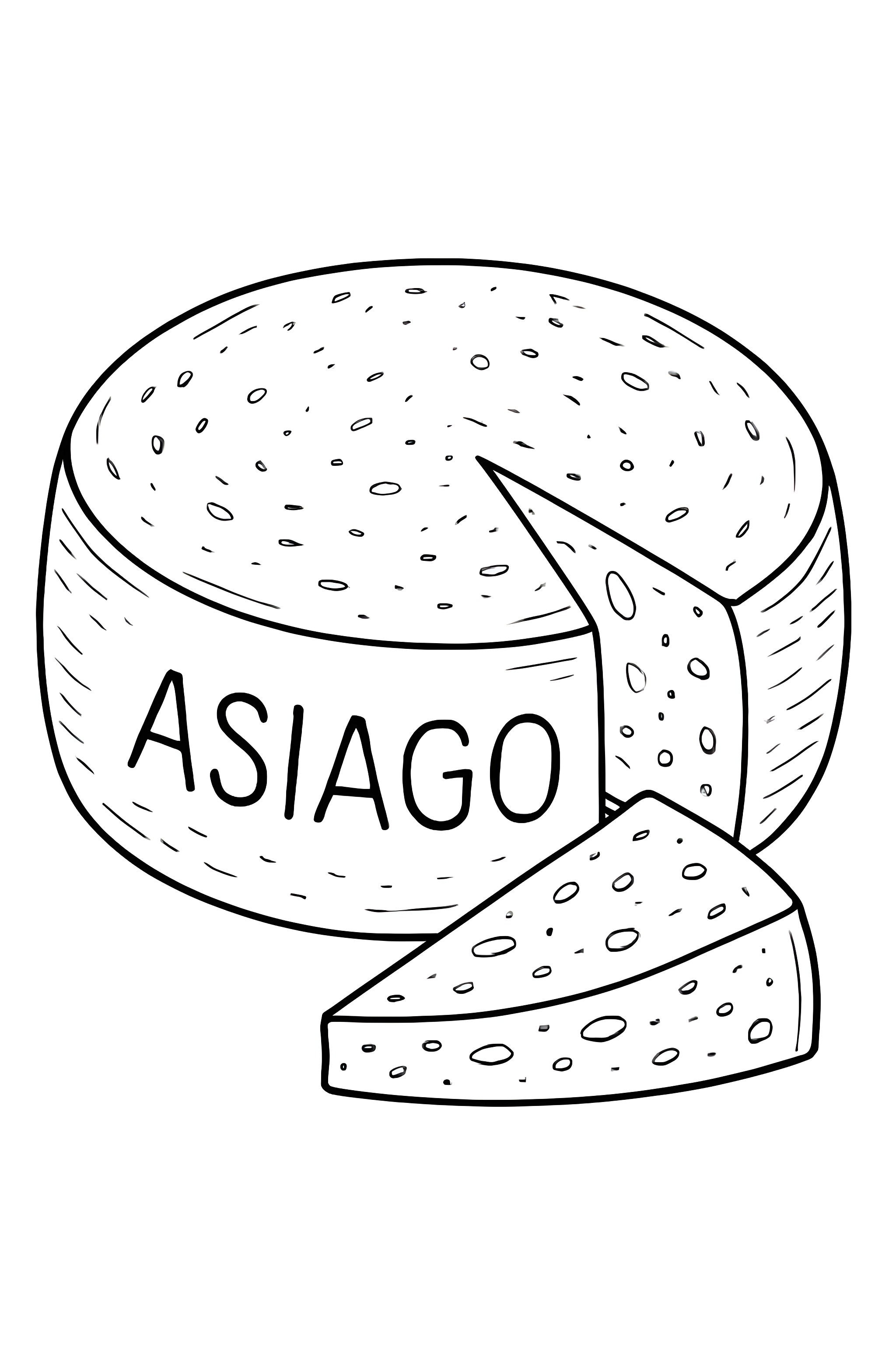 Coloring page of a round asiago cheese wheel with a textured surface and a slice cut out, featuring 'ASIAGO' label