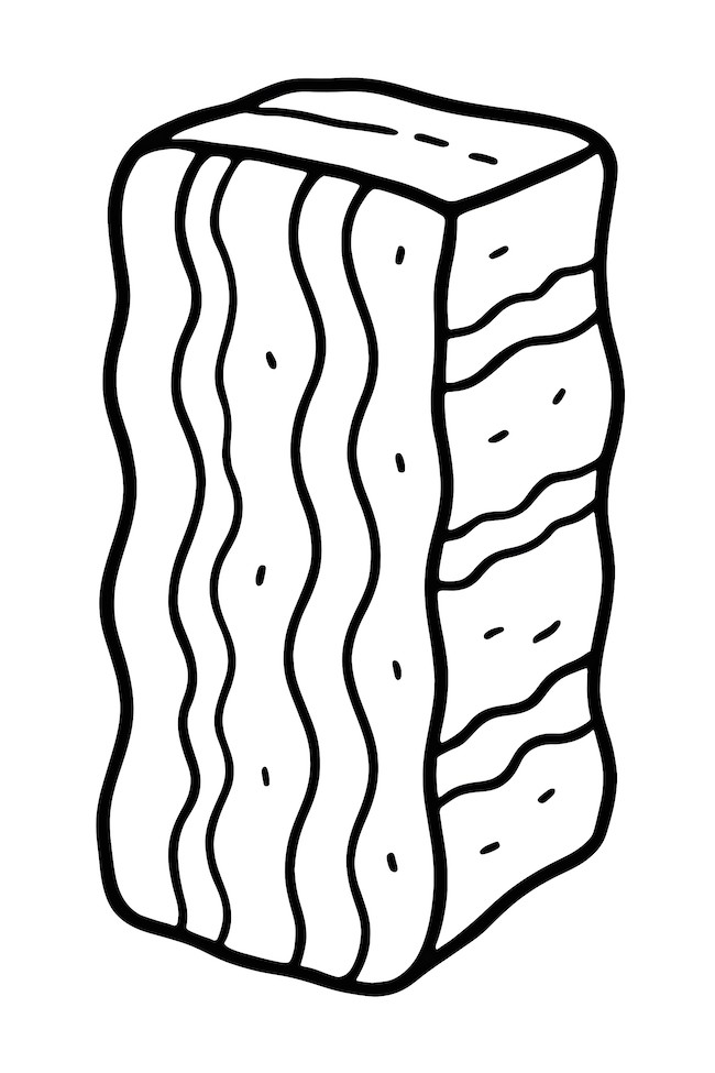 Coloring page of a thick-cut slice of bacon with distinct fat stripes and a textured surface