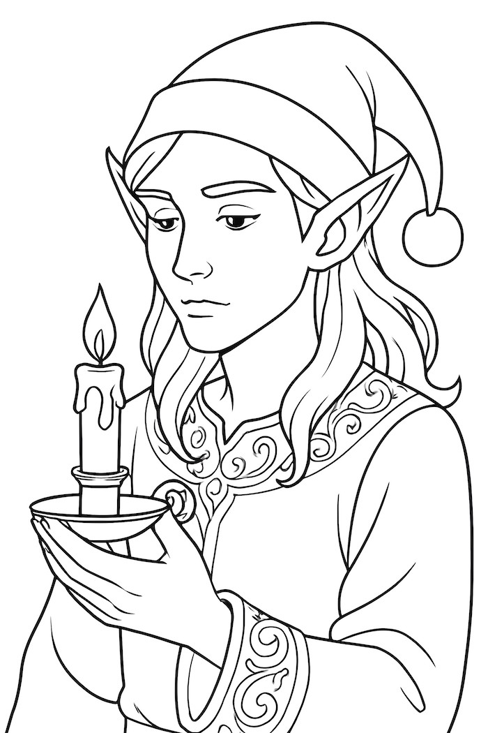 Coloring page of a thoughtful elf wearing a hat, holding a small candle in a dish with a single flame