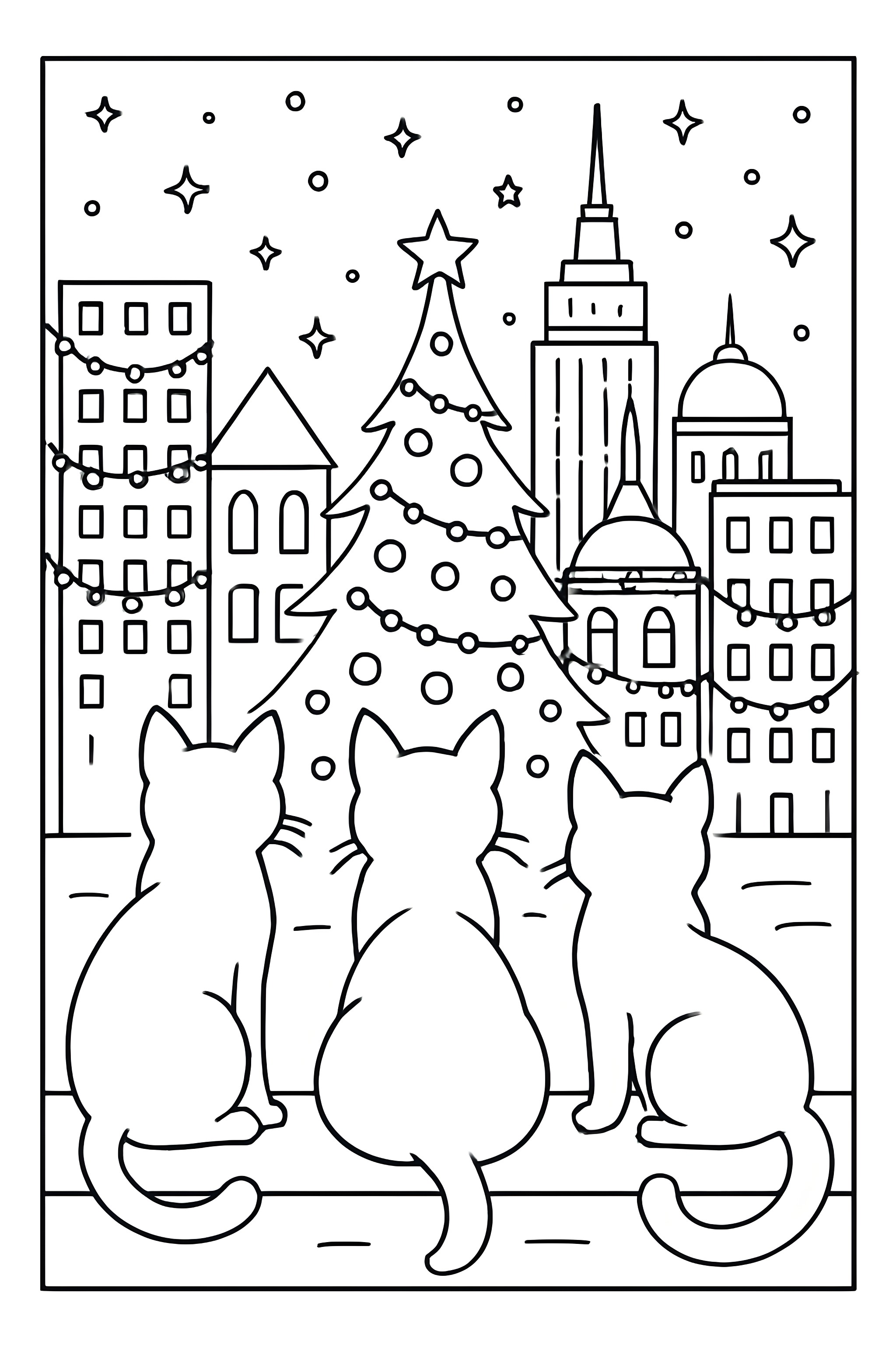 Coloring page of three cats gazing at a festive city skyline adorned with holiday lights and a Christmas tree