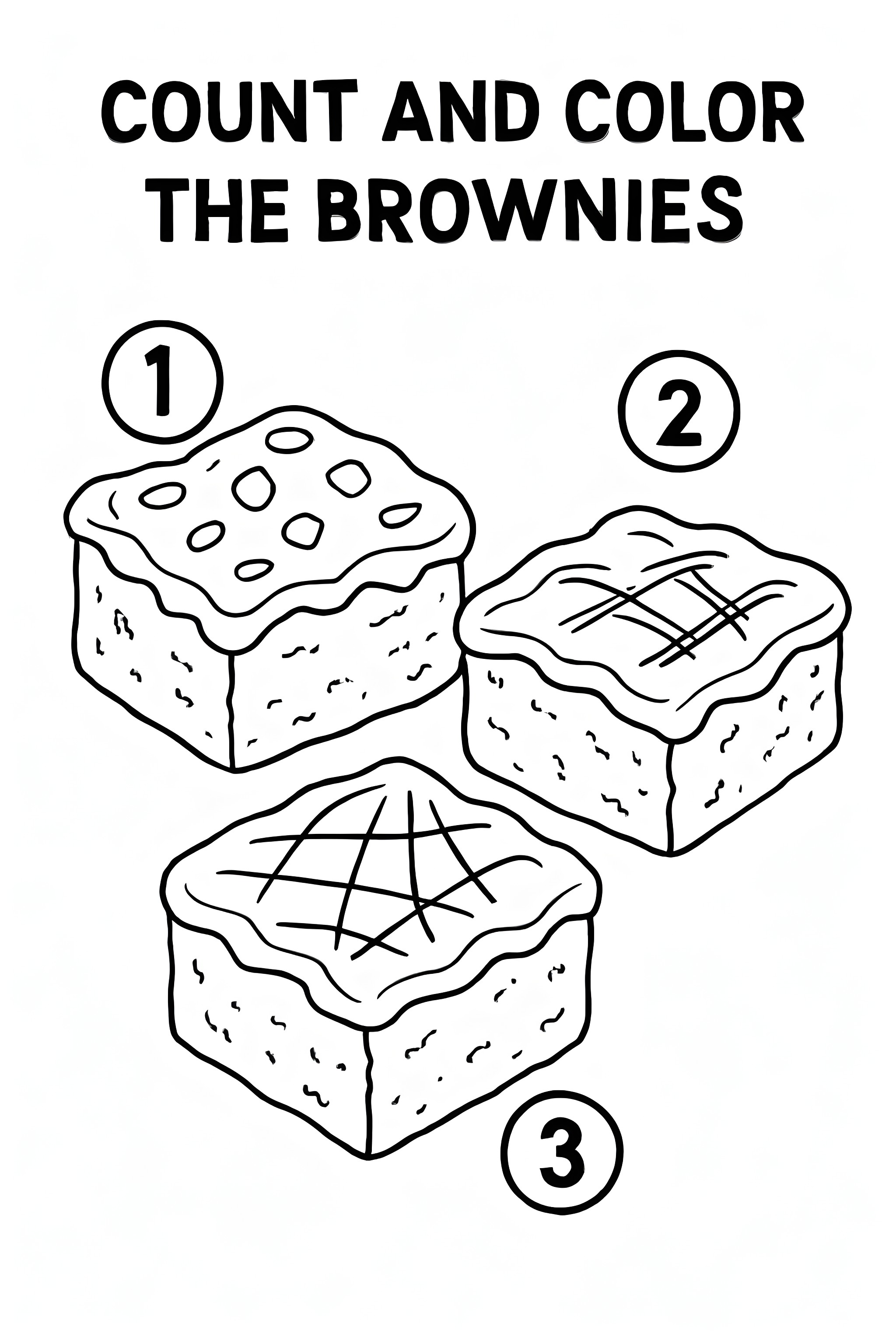 Coloring page featuring three distinct brownies numbered 1, 2, and 3 with different toppings and textures.