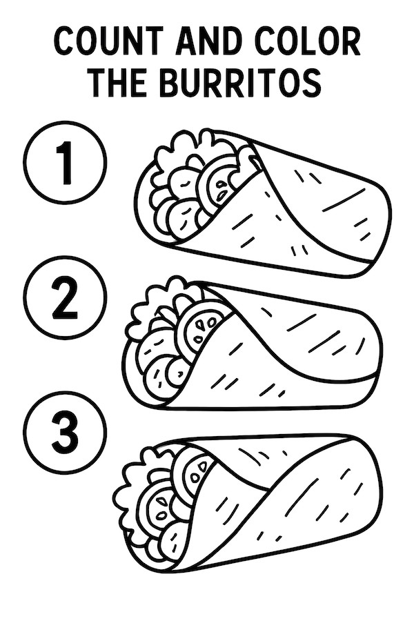 Coloring page featuring three burritos, numbered 1-3, filled with ingredients and wrapped in tortilla