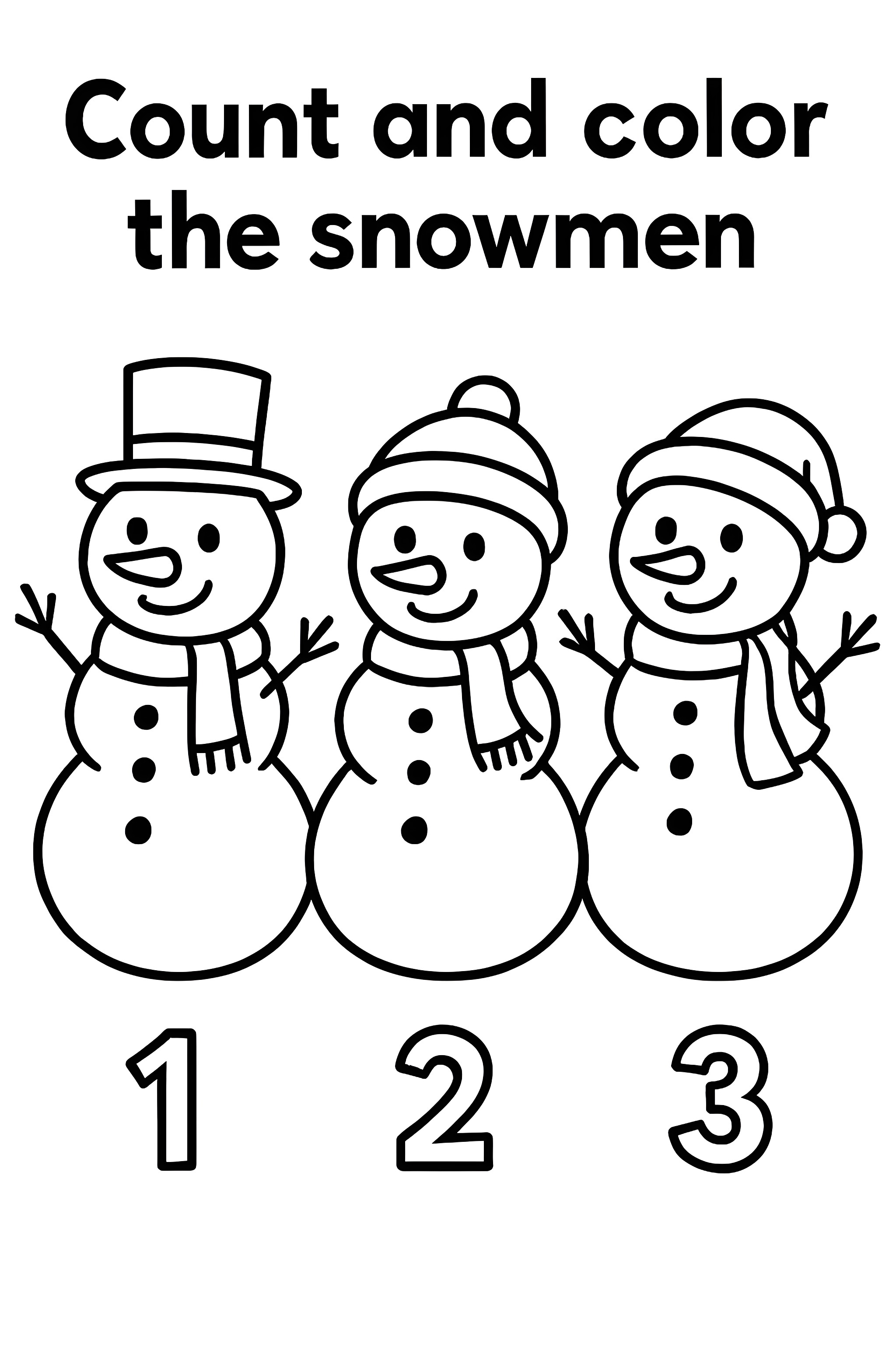 Coloring page featuring three unique snowmen, each wearing different accessories and positioned in a line with the numbers 1, 2, and 3 below them.