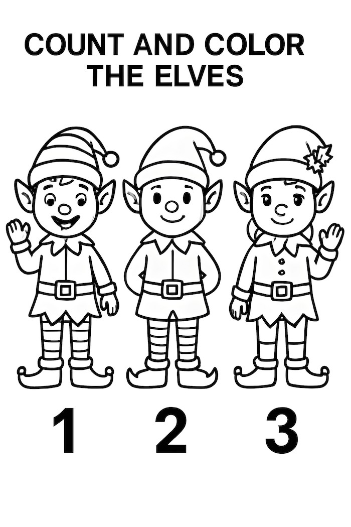 Coloring page featuring three elves in a row, each wearing hats and numbered 1, 2, and 3 beneath them