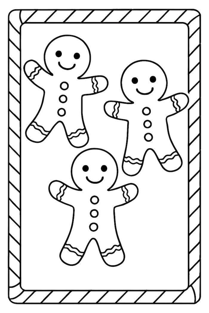 Coloring page of three gingerbread men with buttons and icing details, bordered by a striped candy cane design