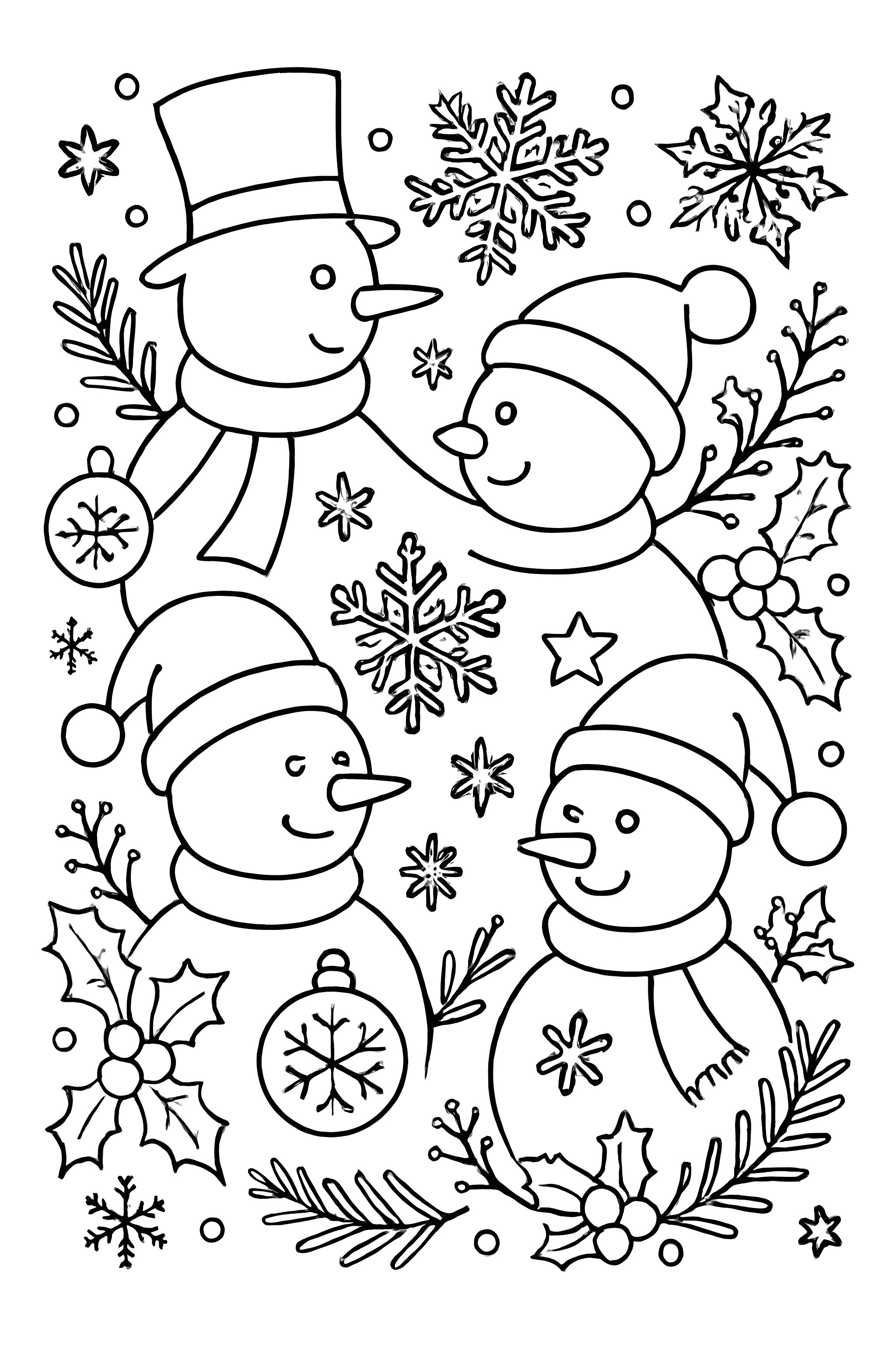 Coloring page featuring three snowmen with hats, scarves, and winter symbols like snowflakes and holly, surrounded by various winter decorations.