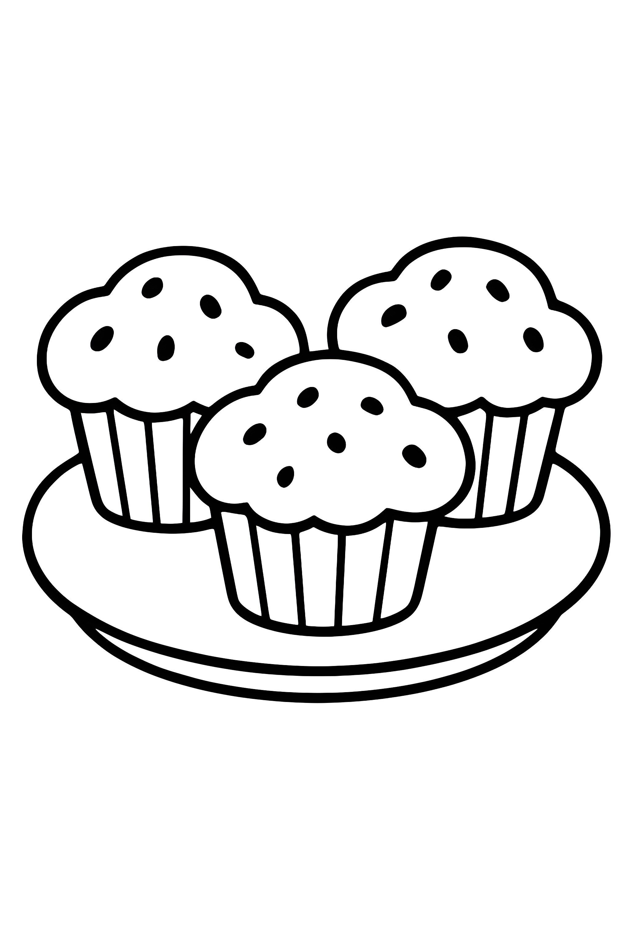 Coloring page featuring three muffins on a round plate with decorative sprinkles on top