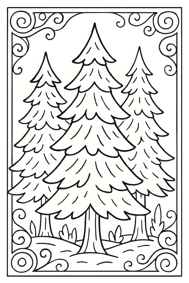 Coloring page of three tall pine trees with layered branches and decorative swirls