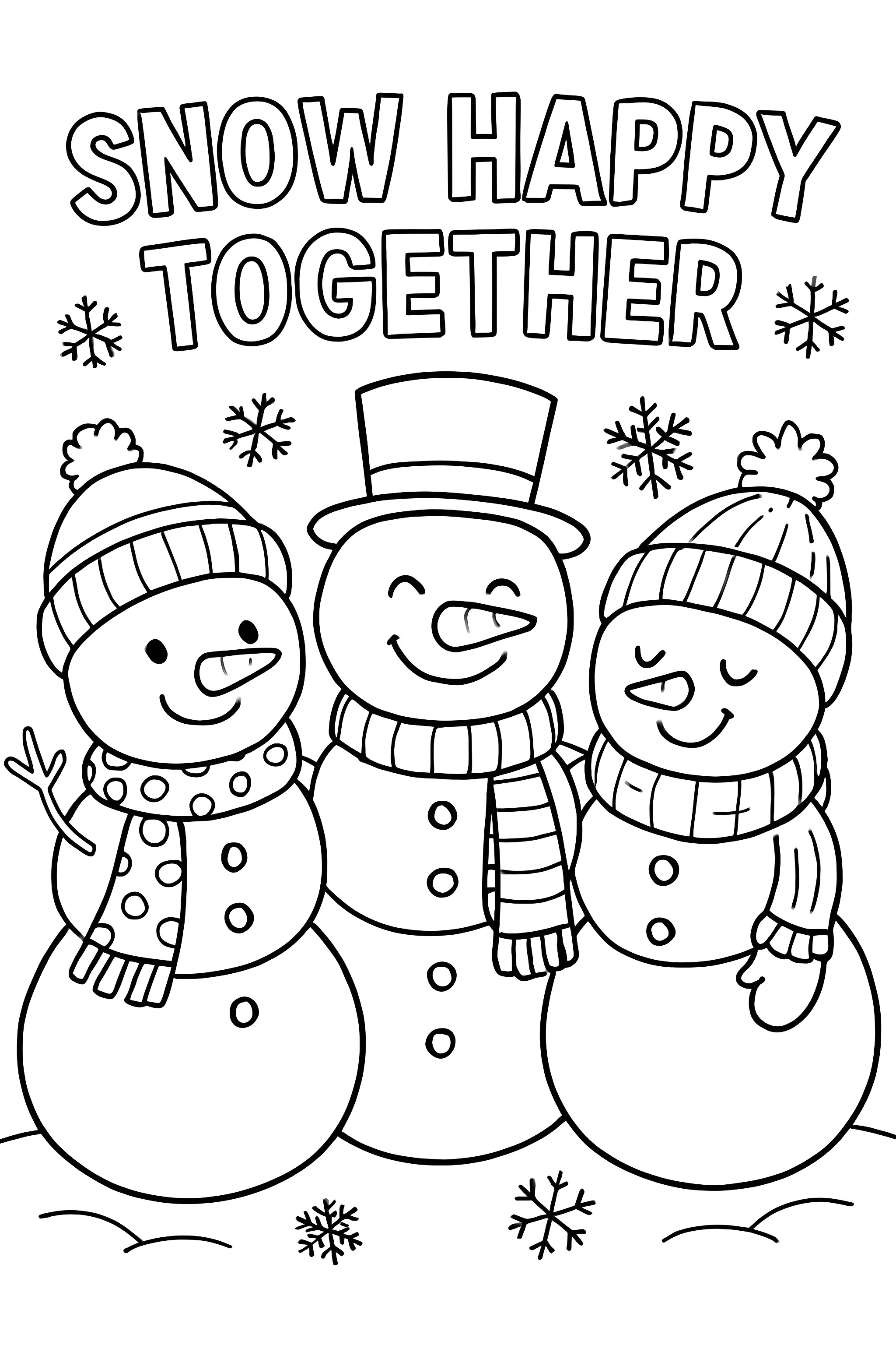 Coloring page featuring three snowmen with different hats and scarves, standing together with snowflakes around them and the text 'Snow Happy Together'
