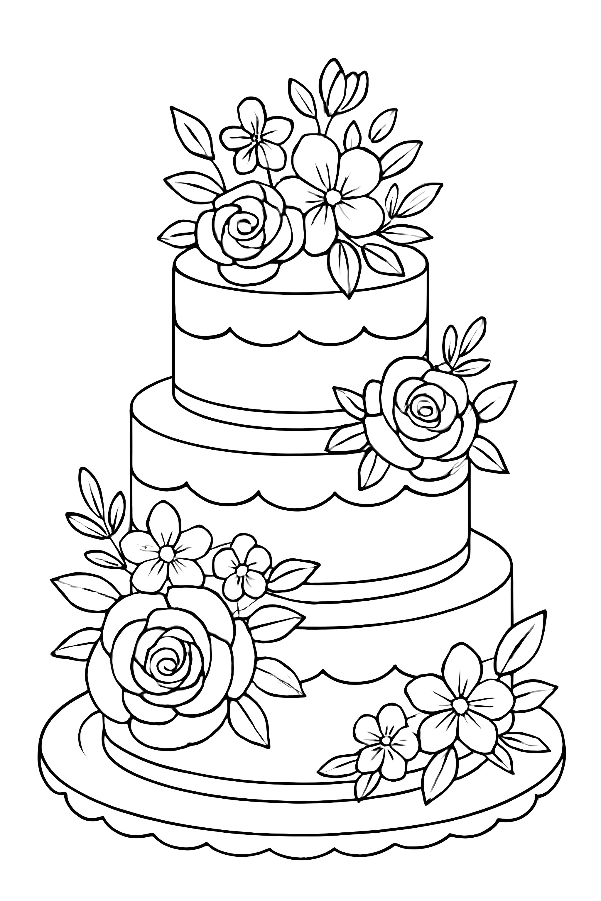 Coloring page of a three-tier wedding cake adorned with roses and flowers, featuring scalloped edges and a decorative plate.