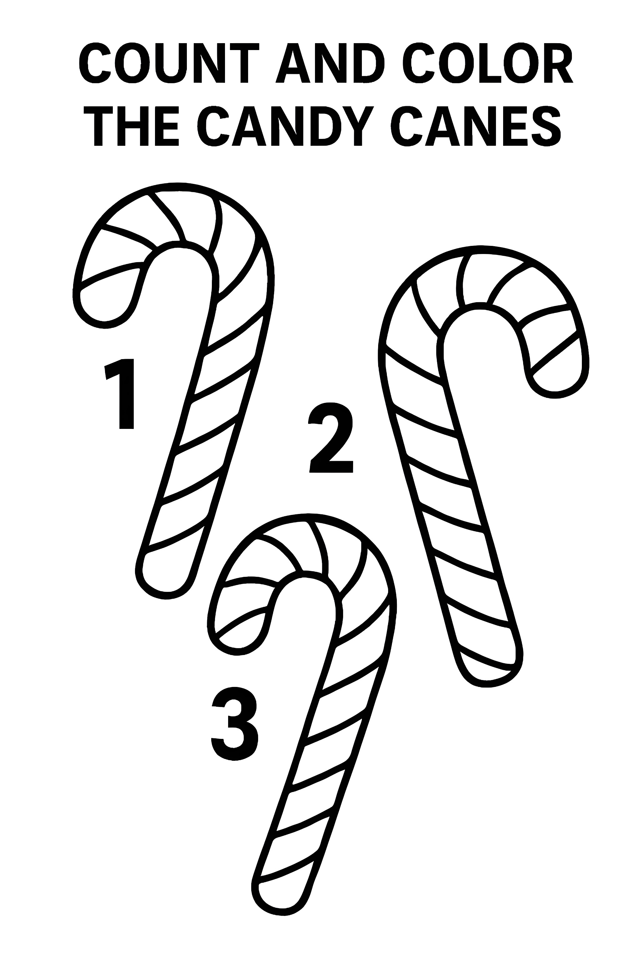 Coloring page featuring three distinct candy canes, each numbered 1 to 3, with spiral stripes for coloring.
