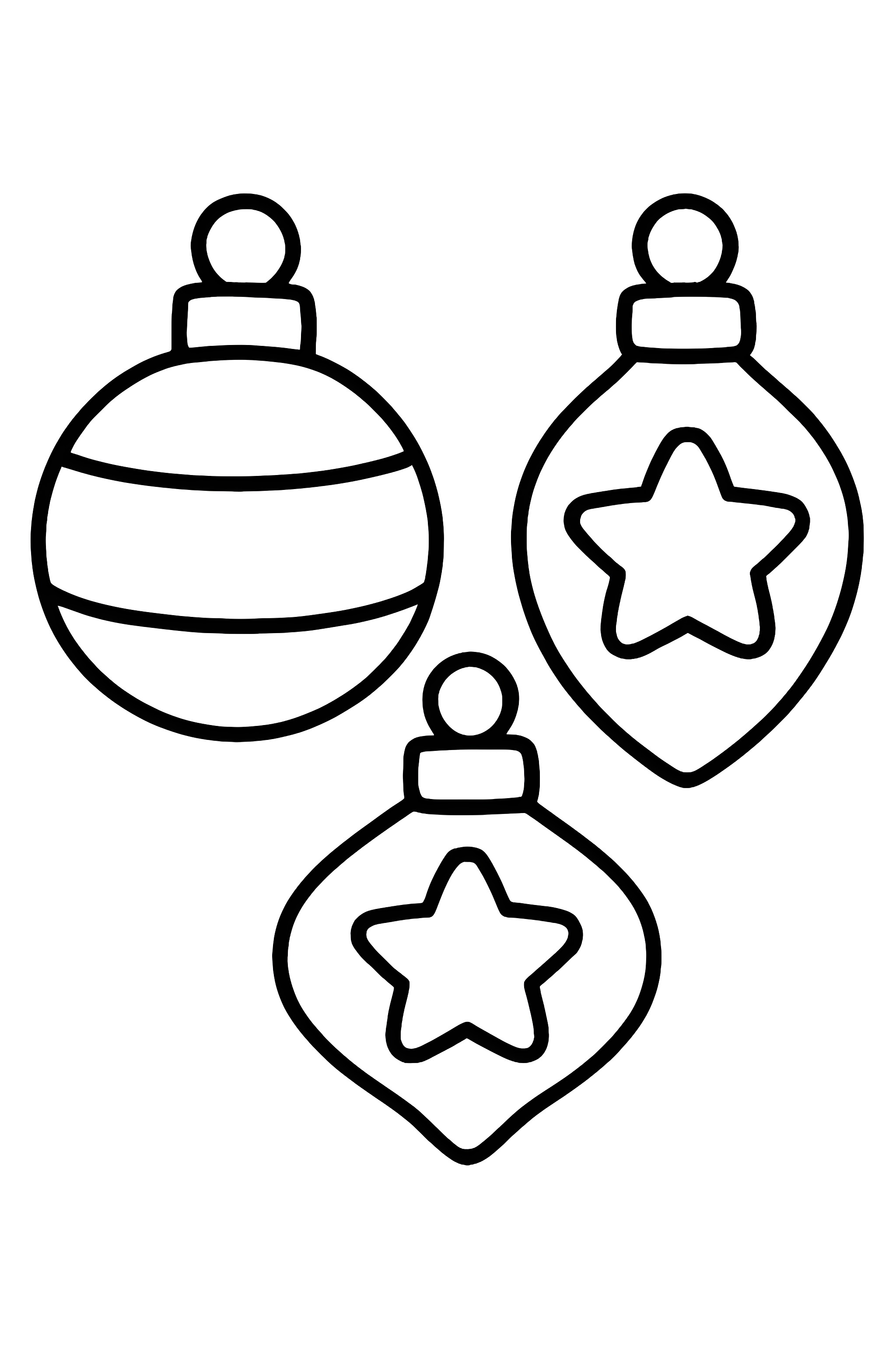 Coloring page featuring three distinct Christmas ornaments with different shapes and designs, including a striped ball and two star-adorned ornaments
