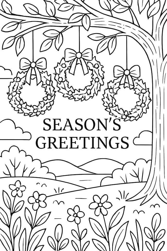 Coloring page featuring three wreaths tied with bows hanging from tree branches in an outdoor setting
