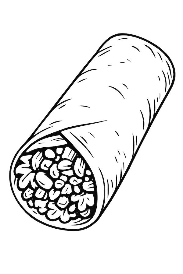 Coloring page of a tightly wrapped burrito with visible fillings peeking from the ends