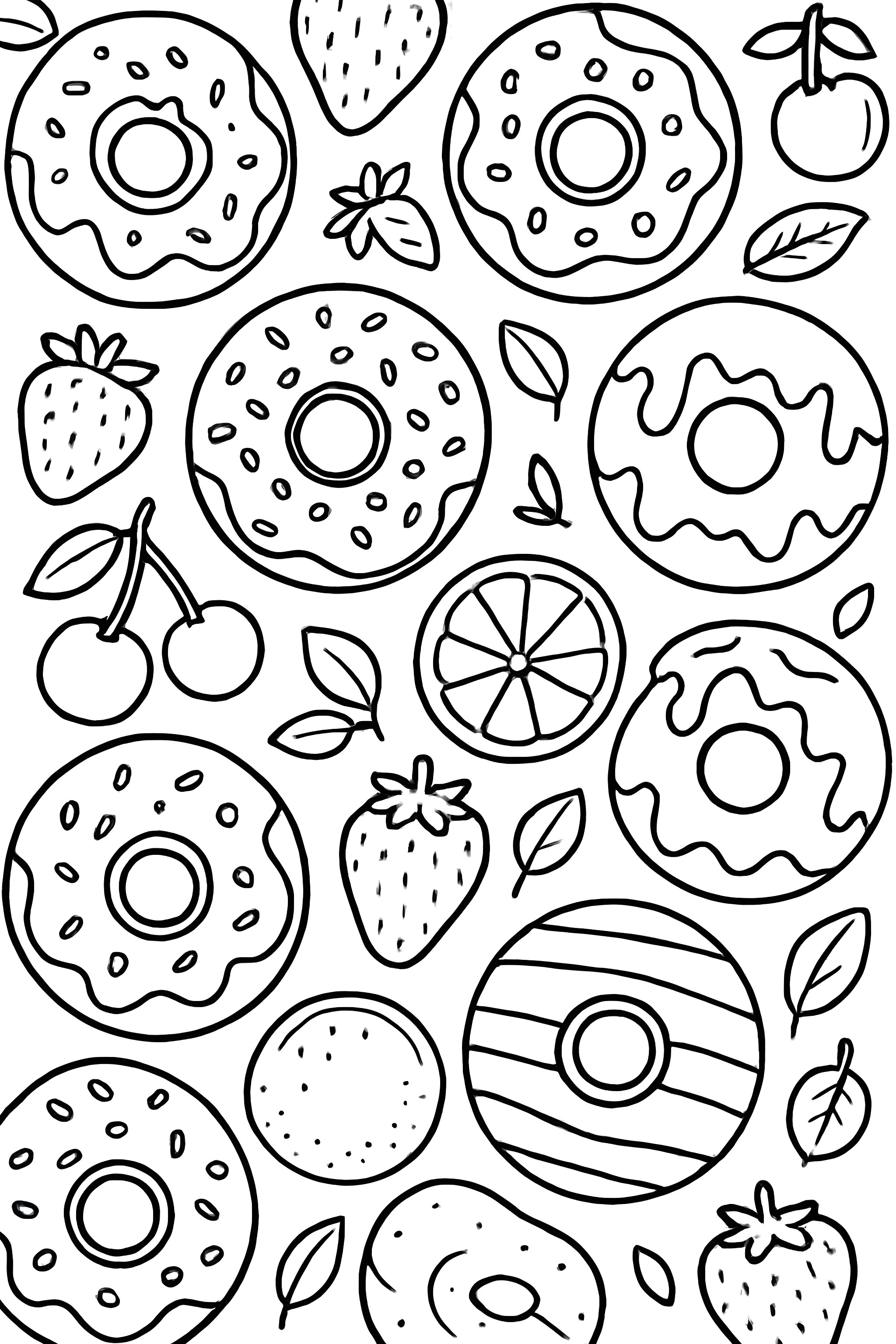 Coloring page featuring a tiled arrangement of various donuts alongside assorted fruits including strawberries, cherries, and orange slices