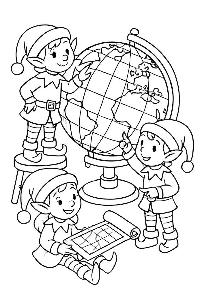 Coloring page of tiny elves inspecting a globe and examining a map for Christmas route planning