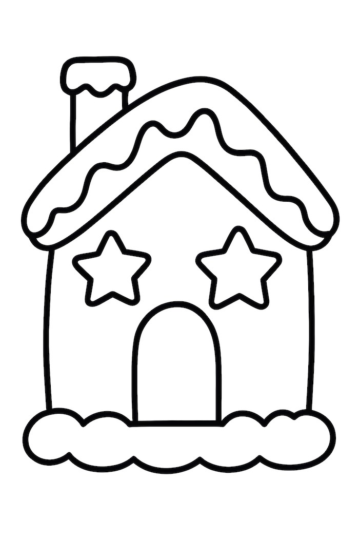 Coloring page of a tiny gingerbread hut featuring star-shaped windows and a snowy roof