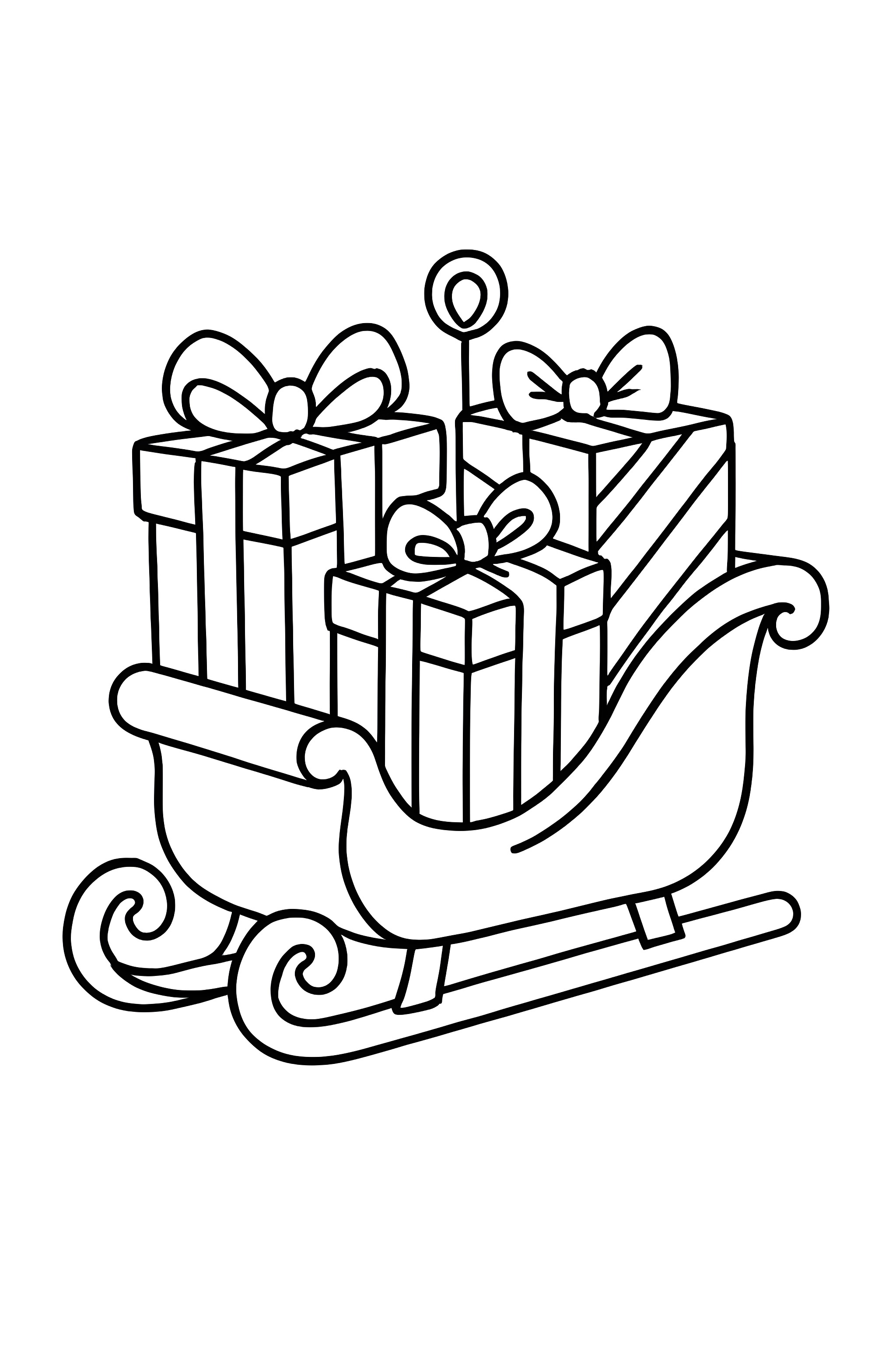 Coloring page of a miniature sleigh ornament filled with wrapped gifts, featuring bows and various patterns